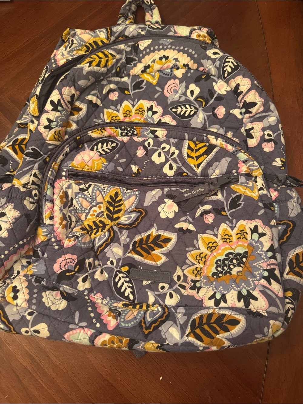 Vera Bradley Quilted Floral Backpack in Gray with Yellow & Pink Accents